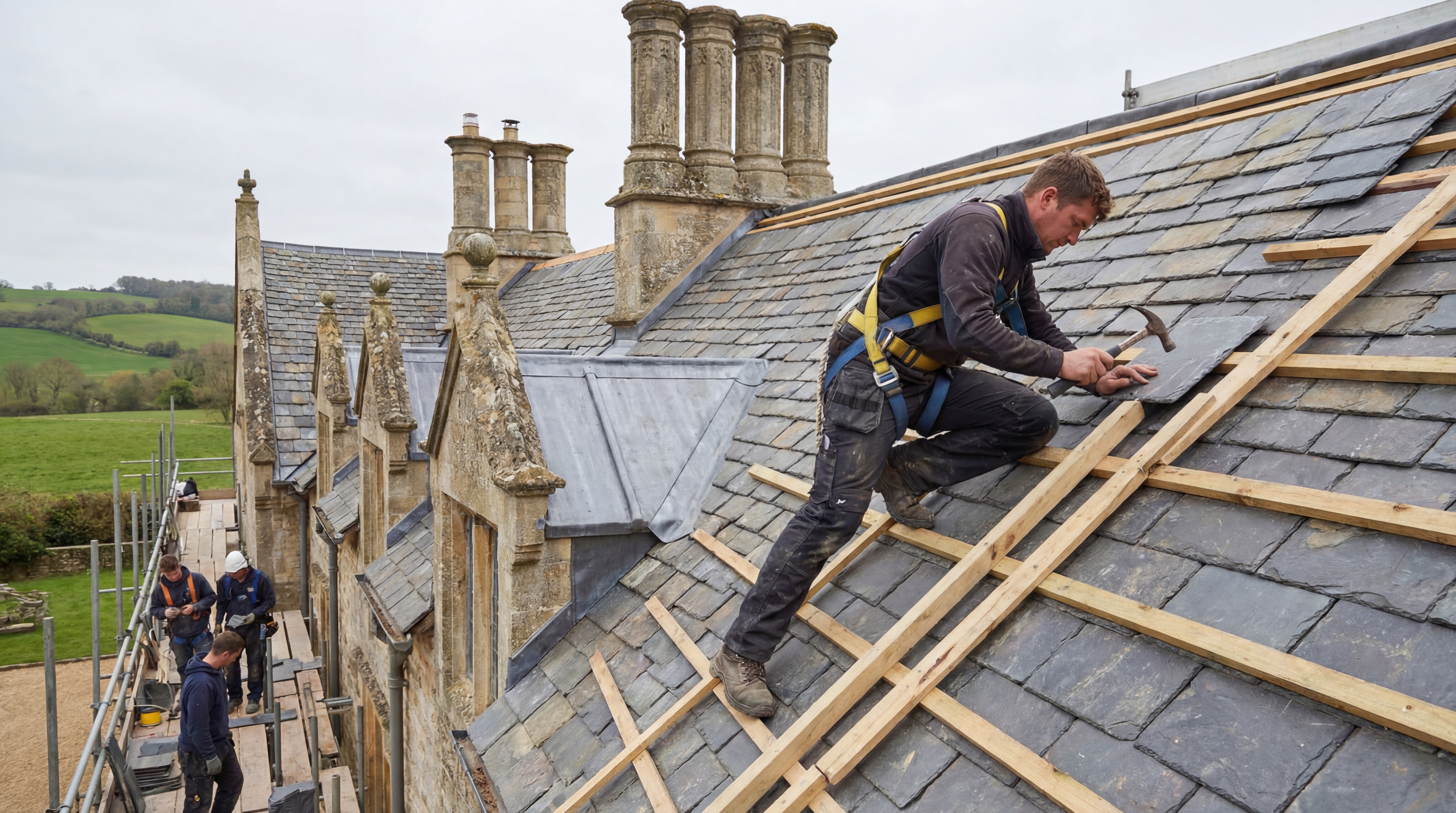 Professional roofer working on a residential roof